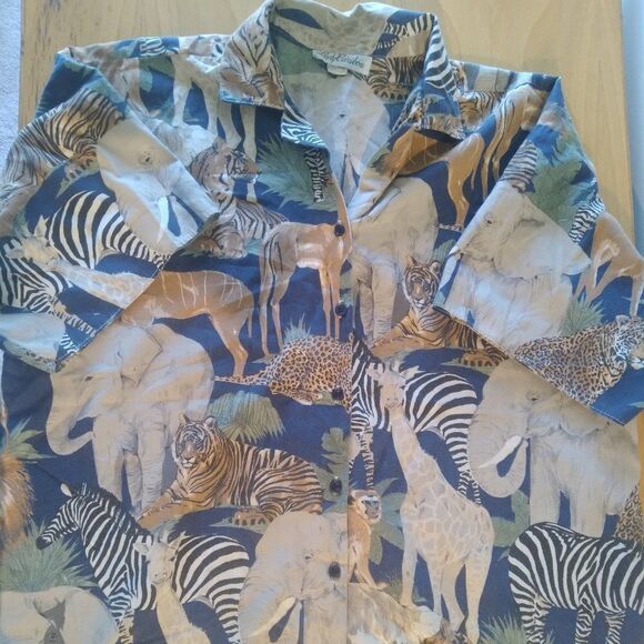 Vintage Lady Caribou Jungle Animal Zebra Elephant Tiger Hawaiian Shirt - Picture 2 of 7